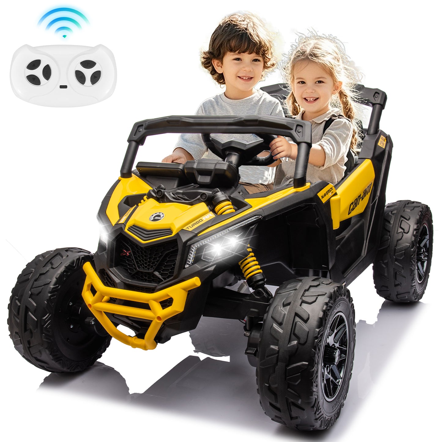 24V 4x4 Ride on Car Truck, IRIMMY 4WD/2WD Switchable Kids UTV, 200W*4 Power Motors, EVA Tires, Bluetooth Music, LED Lights, 4 Shock Absorbers, Licensed Can-Am Electric Car for Kids Boys Girls, Yellow