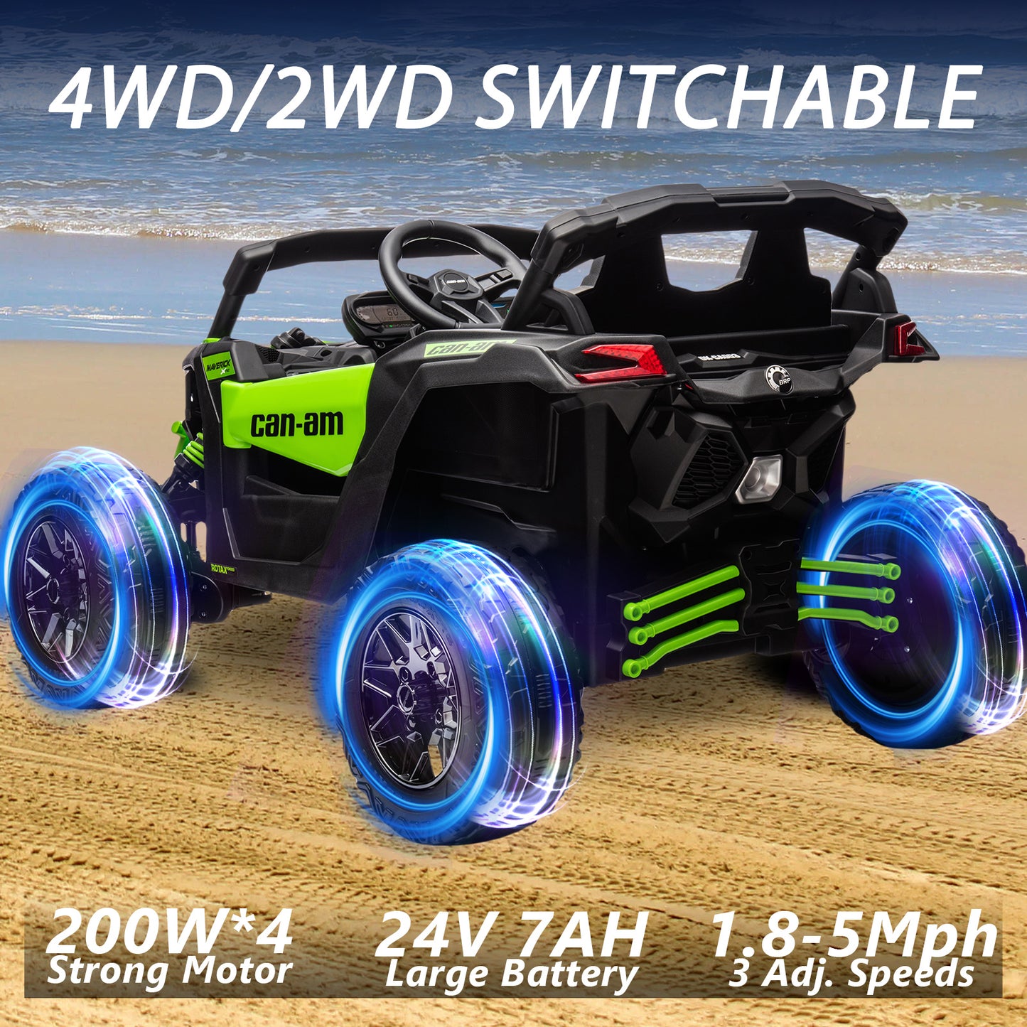 24V 4x4 Ride on Car Truck, IRIMMY 4WD/2WD Switchable Kids UTV, 200W*4 Power Motors, EVA Tires, Bluetooth Music, LED Lights, 4 Shock Absorbers, Licensed Can-Am Electric Car for Kids Boys Girls, Green