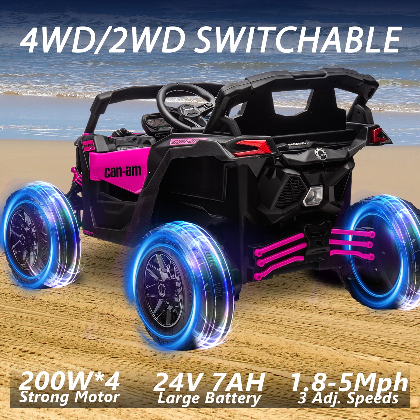 24V 4x4 Ride on Car Truck, IRIMMY 4WD/2WD Switchable Kids UTV, 200W*4 Power Motors, EVA Tires, Bluetooth Music, LED Lights, 4 Shock Absorbers, Licensed Can-Am Electric Car for Kids Boys Girls, Pink