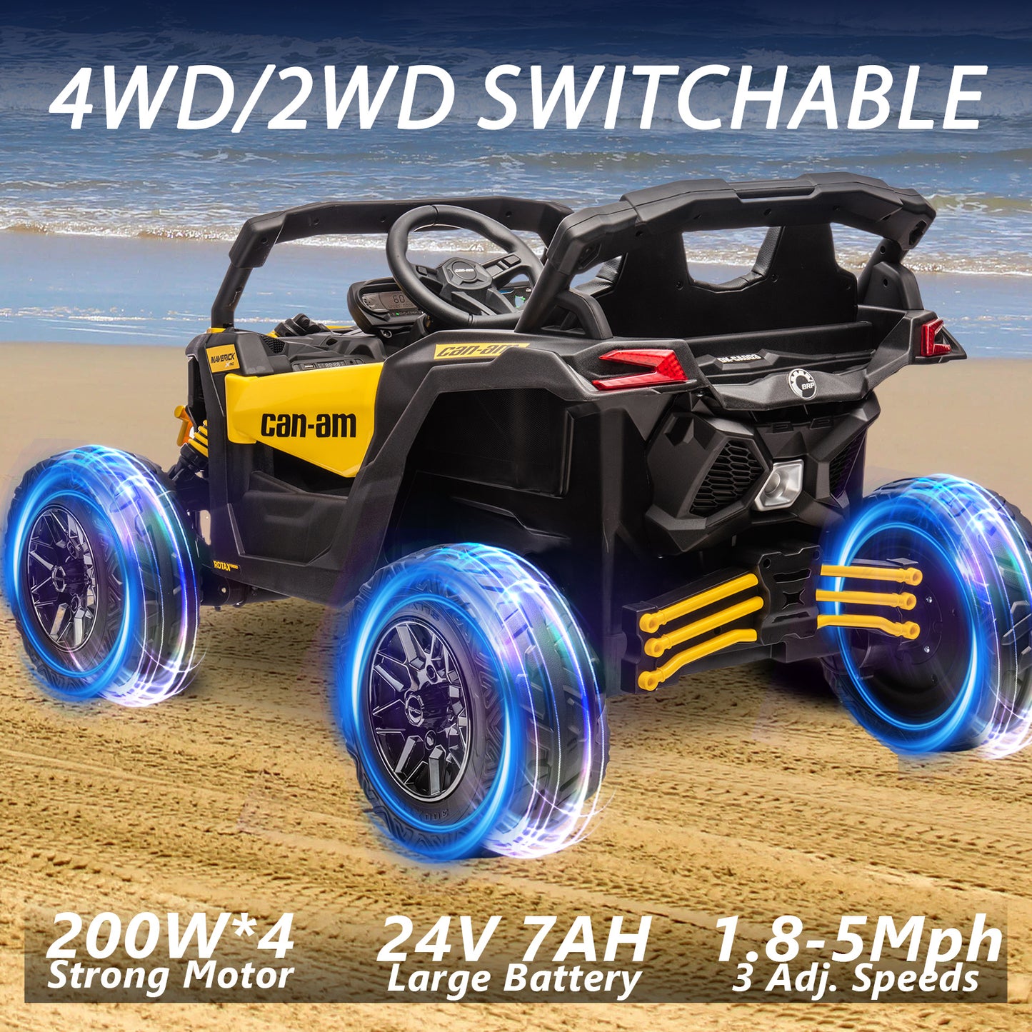 24V 4x4 Ride on Car Truck, IRIMMY 4WD/2WD Switchable Kids UTV, 200W*4 Power Motors, EVA Tires, Bluetooth Music, LED Lights, 4 Shock Absorbers, Licensed Can-Am Electric Car for Kids Boys Girls, Yellow