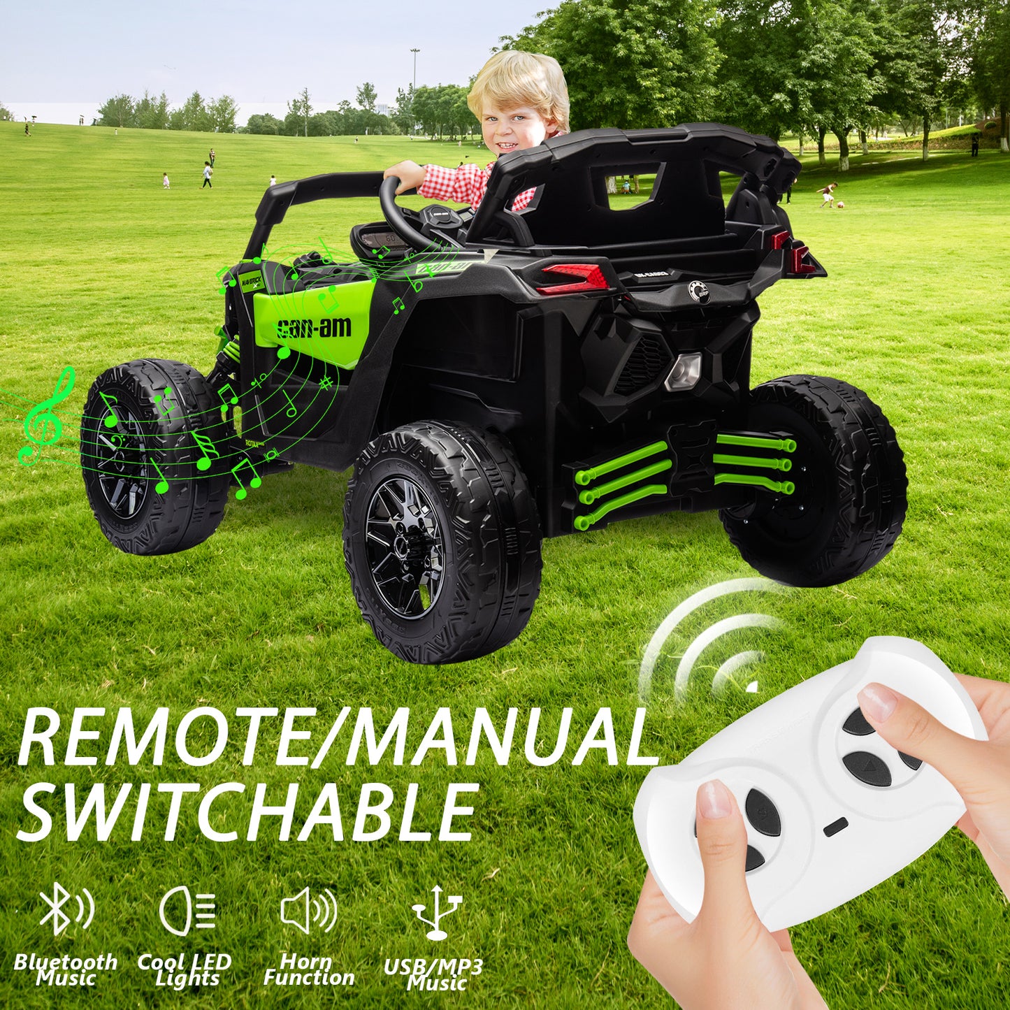 24V 4x4 Ride on Car Truck, IRIMMY 4WD/2WD Switchable Kids UTV, 200W*4 Power Motors, EVA Tires, Bluetooth Music, LED Lights, 4 Shock Absorbers, Licensed Can-Am Electric Car for Kids Boys Girls, Green