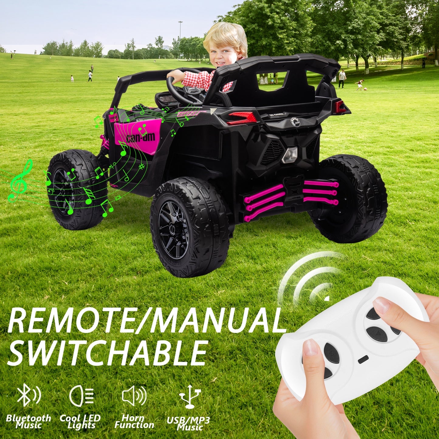 24V 4x4 Ride on Car Truck, IRIMMY 4WD/2WD Switchable Kids UTV, 200W*4 Power Motors, EVA Tires, Bluetooth Music, LED Lights, 4 Shock Absorbers, Licensed Can-Am Electric Car for Kids Boys Girls, Pink