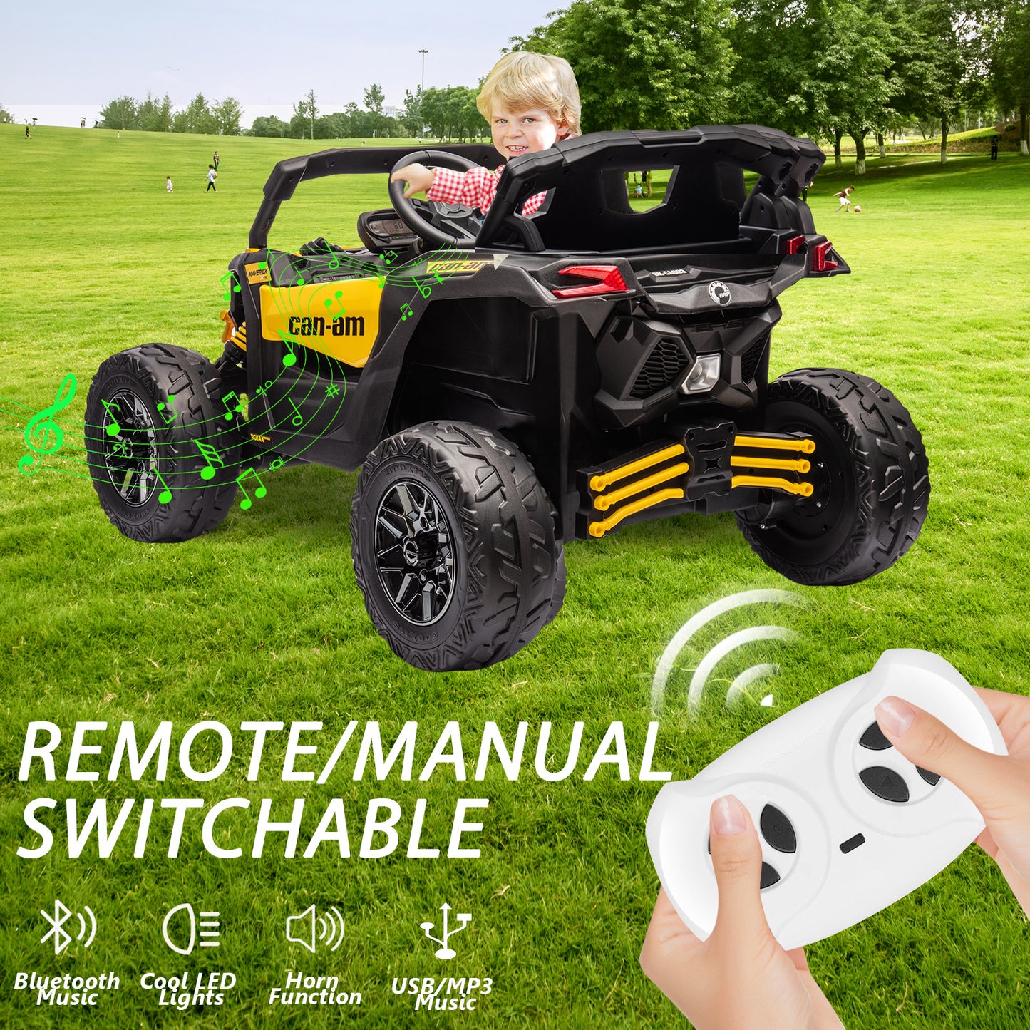 24V 4x4 Ride on Car Truck, IRIMMY 4WD/2WD Switchable Kids UTV, 200W*4 Power Motors, EVA Tires, Bluetooth Music, LED Lights, 4 Shock Absorbers, Licensed Can-Am Electric Car for Kids Boys Girls, Yellow