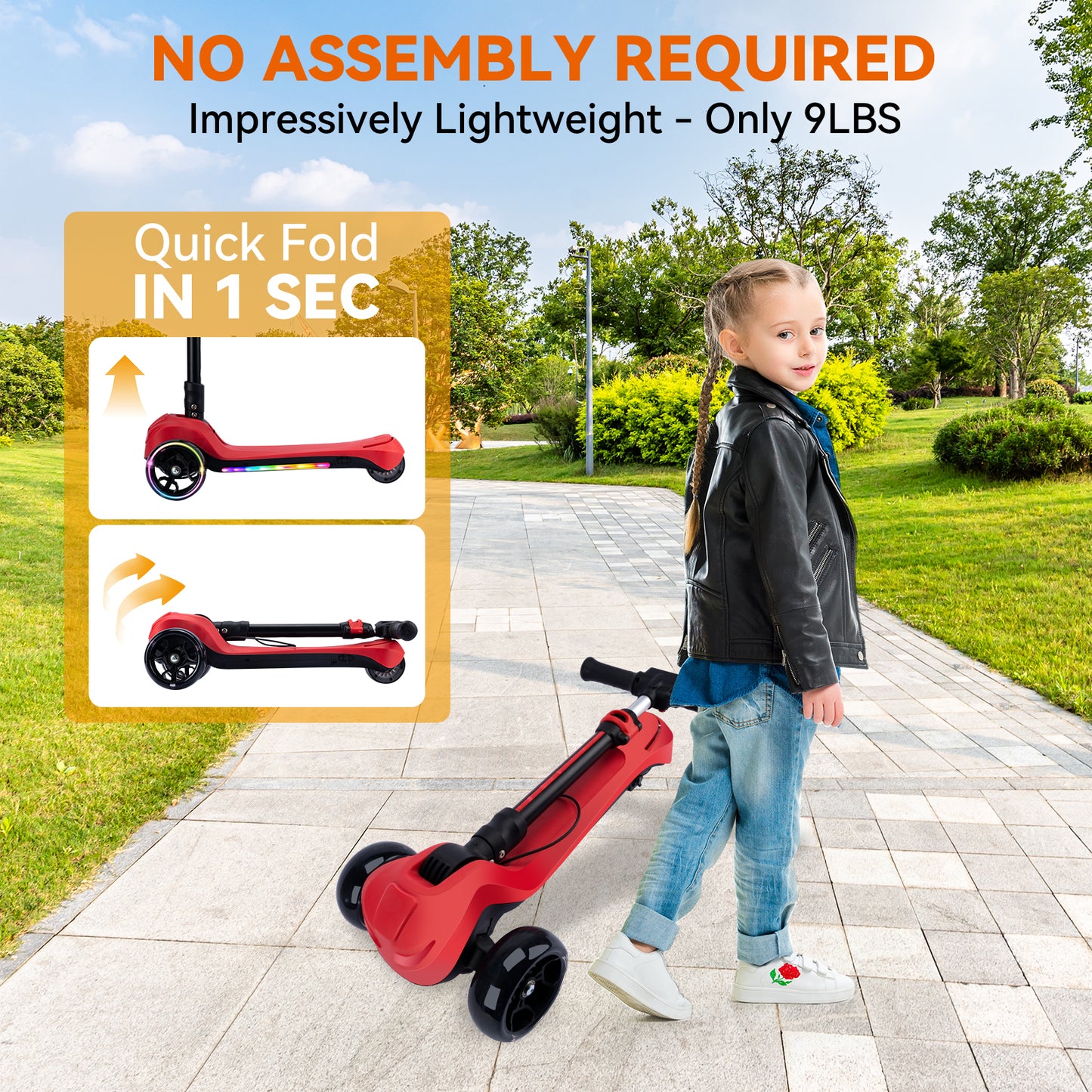 3 Wheels Electric Scooter for Kids w/LCD Screen, Bluetooth Music, Light-Up Stem Deck & Wheels, 3 Heights Adjustable, 5MPH Safe Speed, Foldable Kids Electric Scooter for Boys Girls Ages 3-12, Red