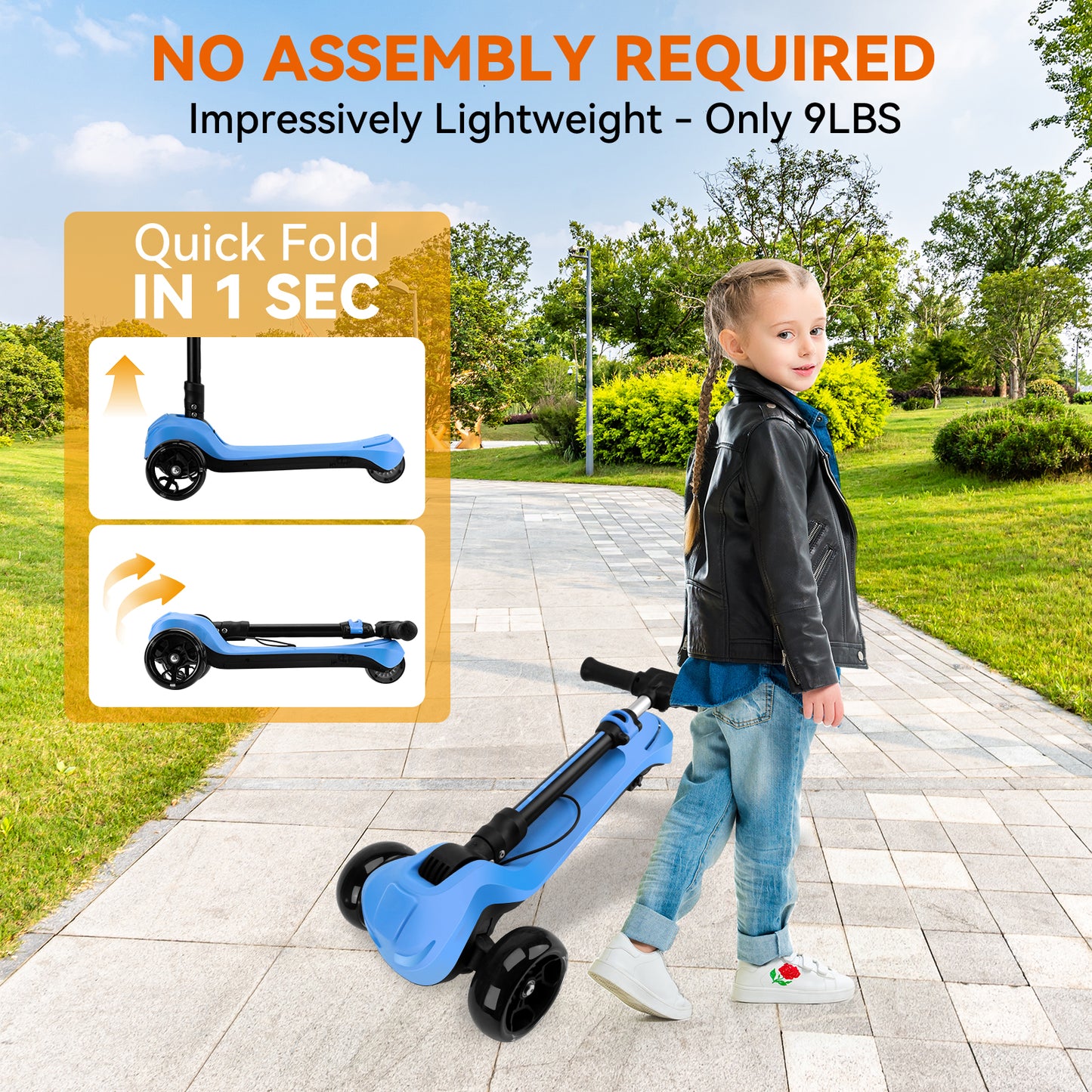 3 Wheels Electric Scooter for Kids w/LCD Screen, Bluetooth Music, Light-Up Stem Deck & Wheels, 3 Heights Adjustable, 5MPH Safe Speed, Foldable Kids Electric Scooter for Boys Girls Ages 3-12, Blue