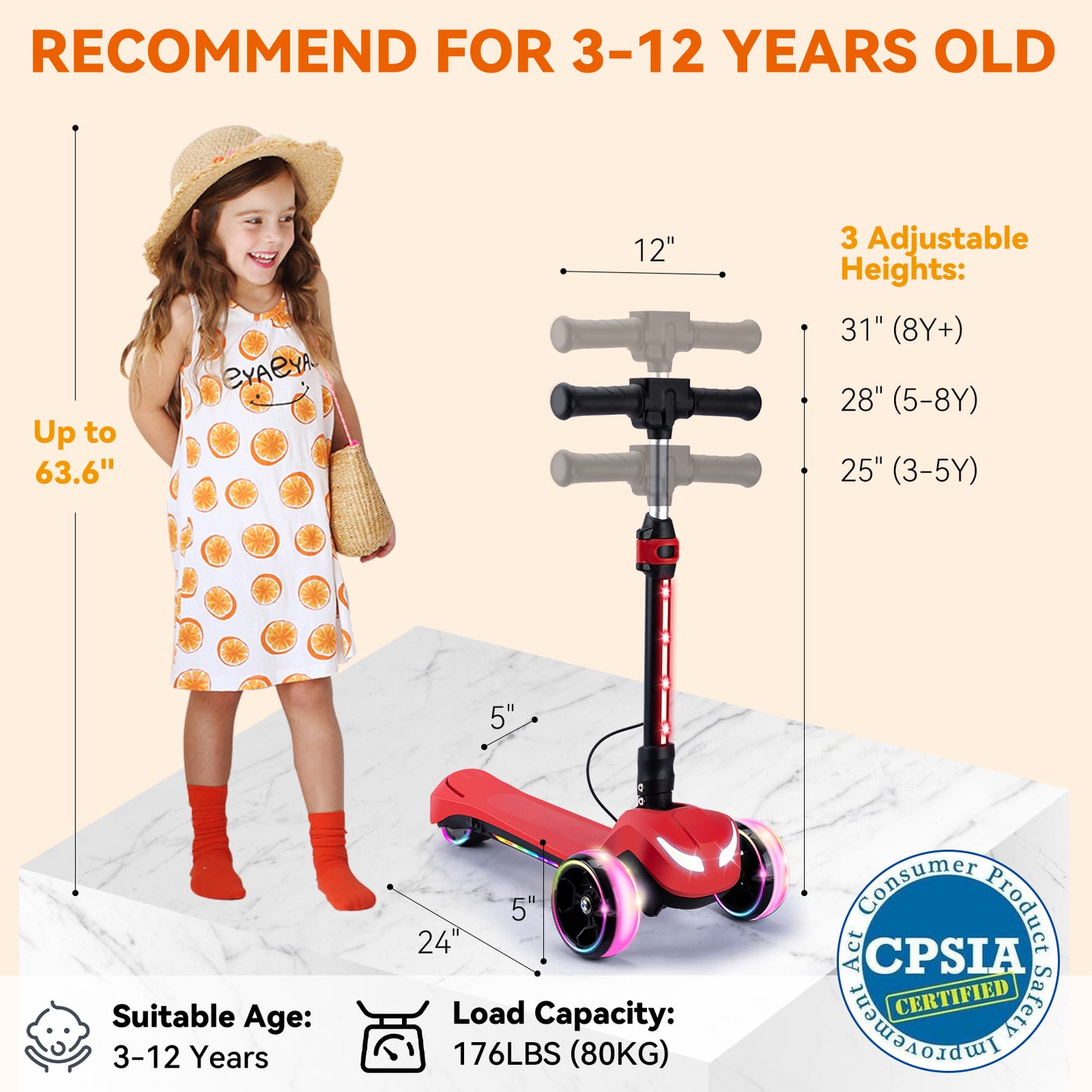 3 Wheels Electric Scooter for Kids w/LCD Screen, Bluetooth Music, Light-Up Stem Deck & Wheels, 3 Heights Adjustable, 5MPH Safe Speed, Foldable Kids Electric Scooter for Boys Girls Ages 3-12, Red