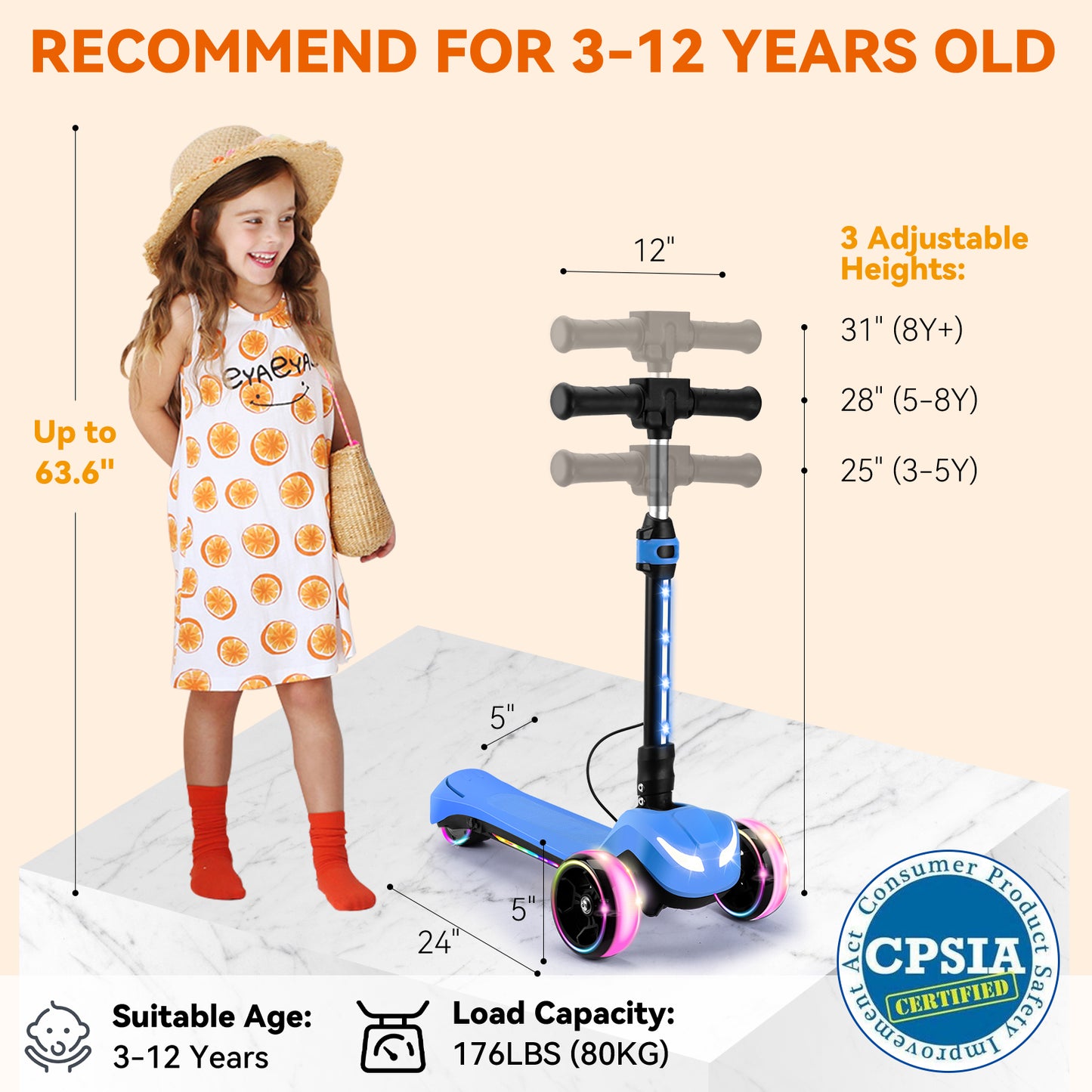 3 Wheels Electric Scooter for Kids w/LCD Screen, Bluetooth Music, Light-Up Stem Deck & Wheels, 3 Heights Adjustable, 5MPH Safe Speed, Foldable Kids Electric Scooter for Boys Girls Ages 3-12, Blue