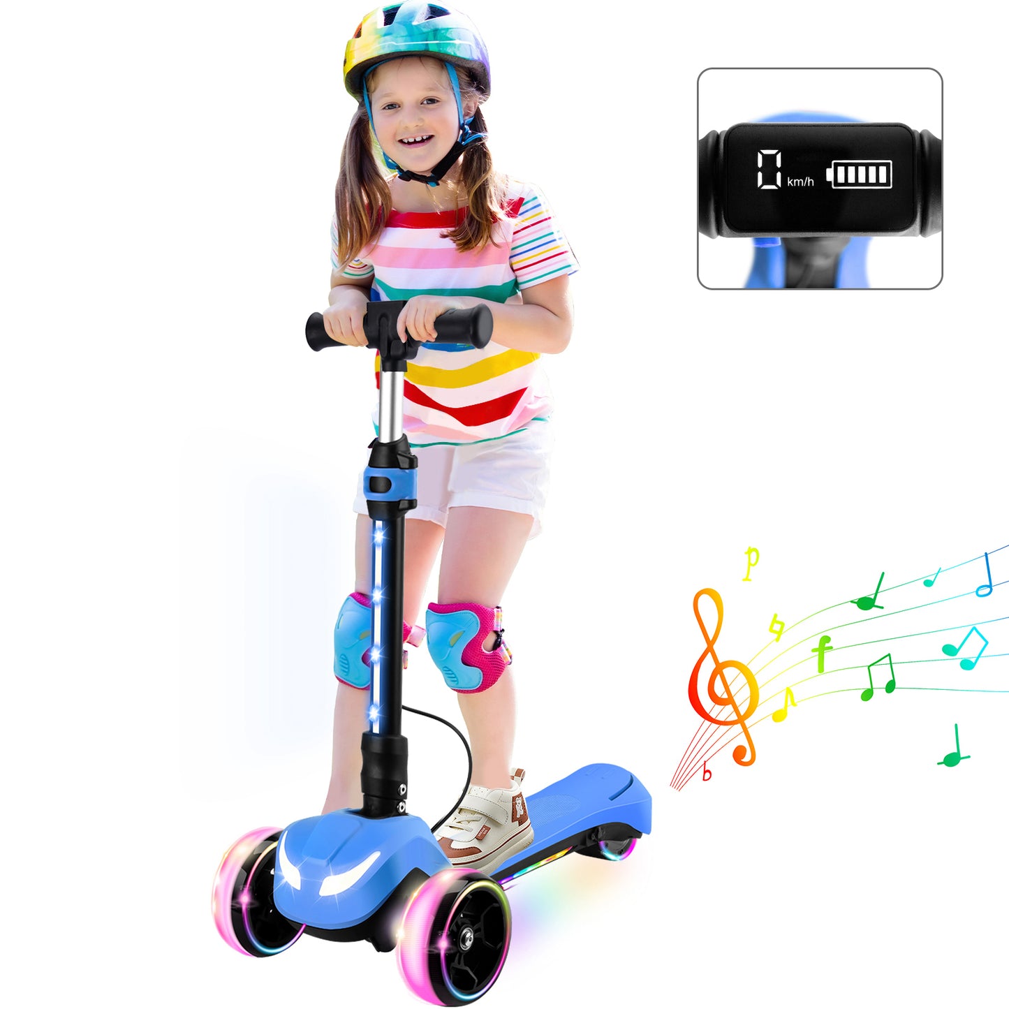 3 Wheels Electric Scooter for Kids w/LCD Screen, Bluetooth Music, Light-Up Stem Deck & Wheels, 3 Heights Adjustable, 5MPH Safe Speed, Foldable Kids Electric Scooter for Boys Girls Ages 3-12, Blue