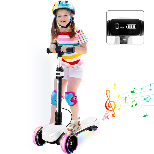 3 Wheels Electric Scooter for Kids w/LCD Screen, Bluetooth Music, Light-Up Stem Deck & Wheels, 3 Heights Adjustable, 5MPH Safe Speed, Foldable Kids Electric Scooter for Boys Girls Ages 3-12, White