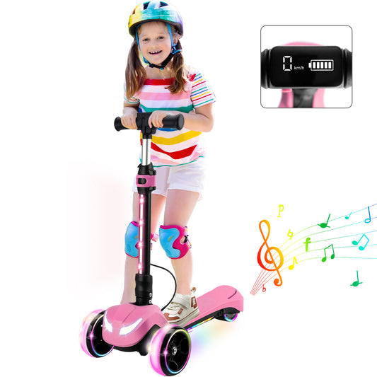 3 Wheels Electric Scooter for Kids w/LCD Screen, Bluetooth Music, Light-Up Stem Deck & Wheels, 3 Heights Adjustable, 5MPH Safe Speed, Foldable Kids Electric Scooter for Boys Girls Ages 3-12, Pink