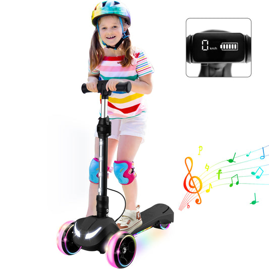 3 Wheels Electric Scooter for Kids w/LCD Screen, Bluetooth Music, Light-Up Stem Deck & Wheels, 3 Heights Adjustable, 5MPH Safe Speed, Foldable Kids Electric Scooter for Boys Girls Ages 3-12, Black