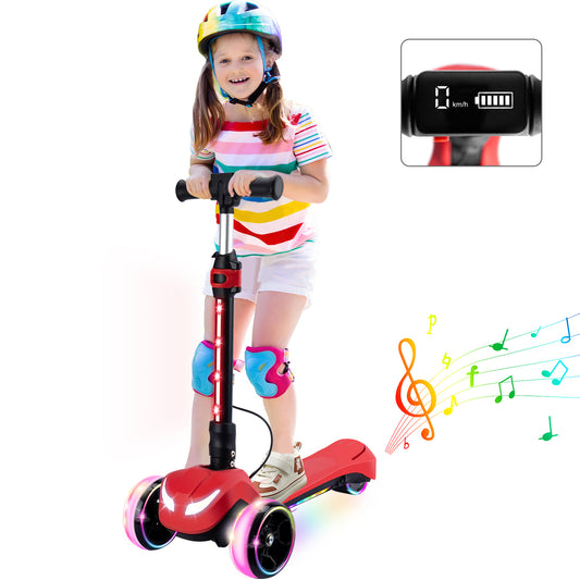 3 Wheels Electric Scooter for Kids w/LCD Screen, Bluetooth Music, Light-Up Stem Deck & Wheels, 3 Heights Adjustable, 5MPH Safe Speed, Foldable Kids Electric Scooter for Boys Girls Ages 3-12, Red